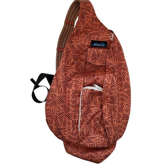 KAVU Rope Sling Bag Rust Terracotta Black Leaf Pattern Crossbody Backpack - Picture 1 of 10